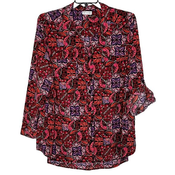 Catherines 2X Button Up Top Roll Tab Sleevve Boho Artsy Office Mature - Picture 6 of 11